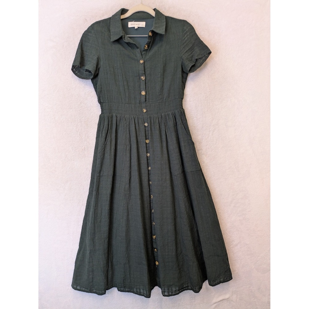 Brass & Roe Midi Dress Women's XS Forest Green Button Down Short Sleeve